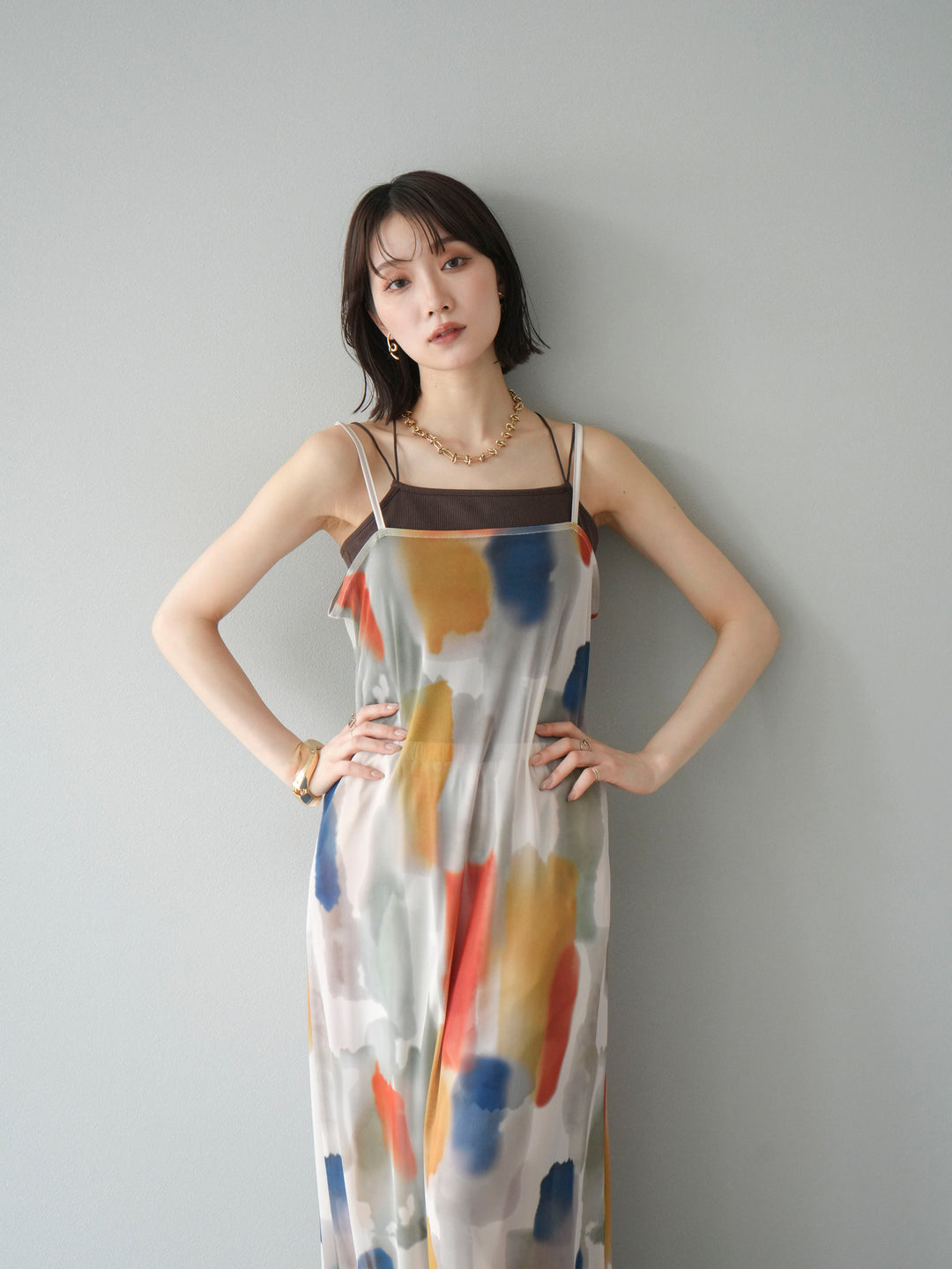 [SET]水彩アートシアーキャミワンピース+カップ付きバッククロスキャミソール(2set)