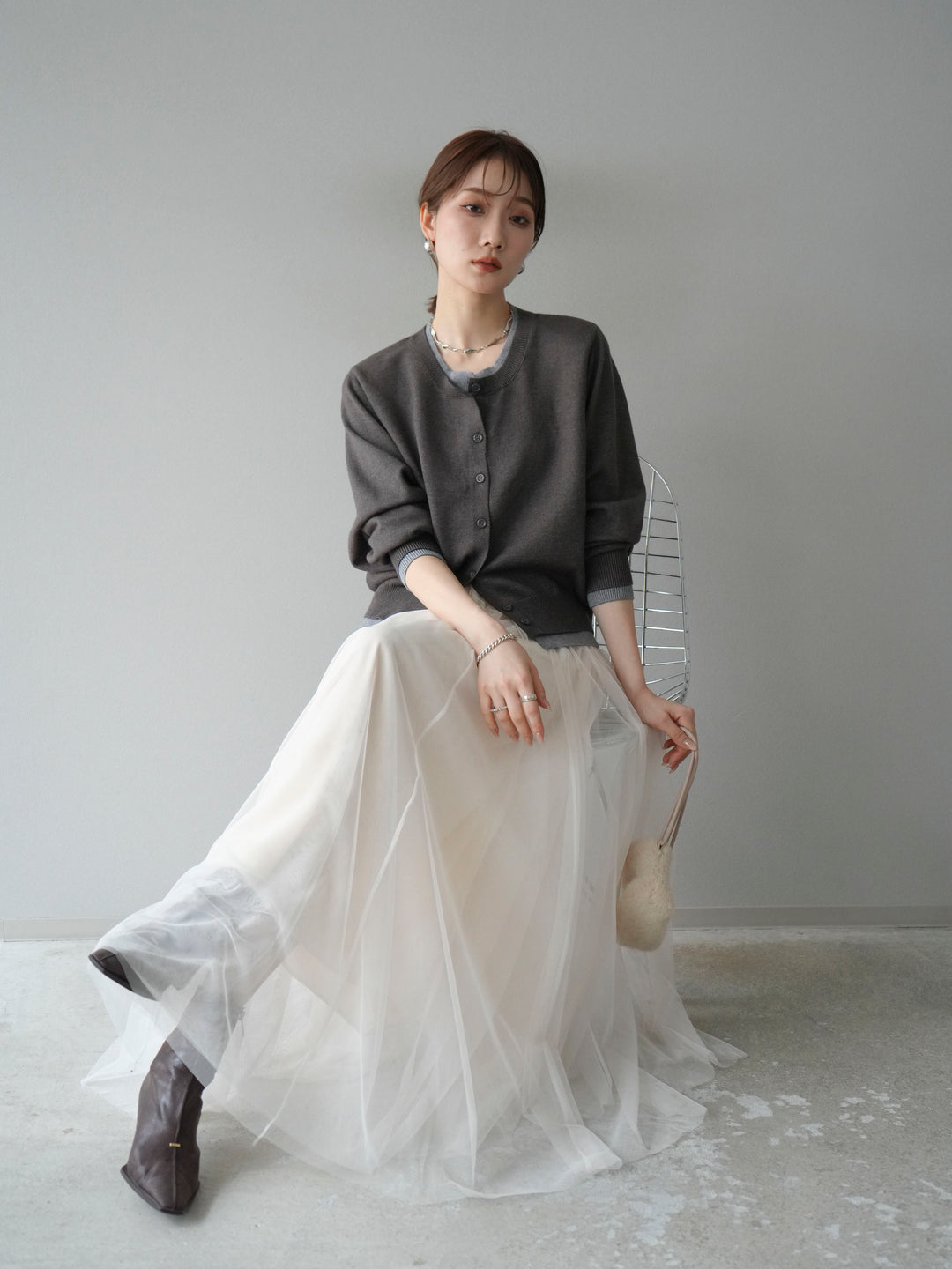 [SET]配色レイヤードカーディガン+チュールボリュームスカート(2set)