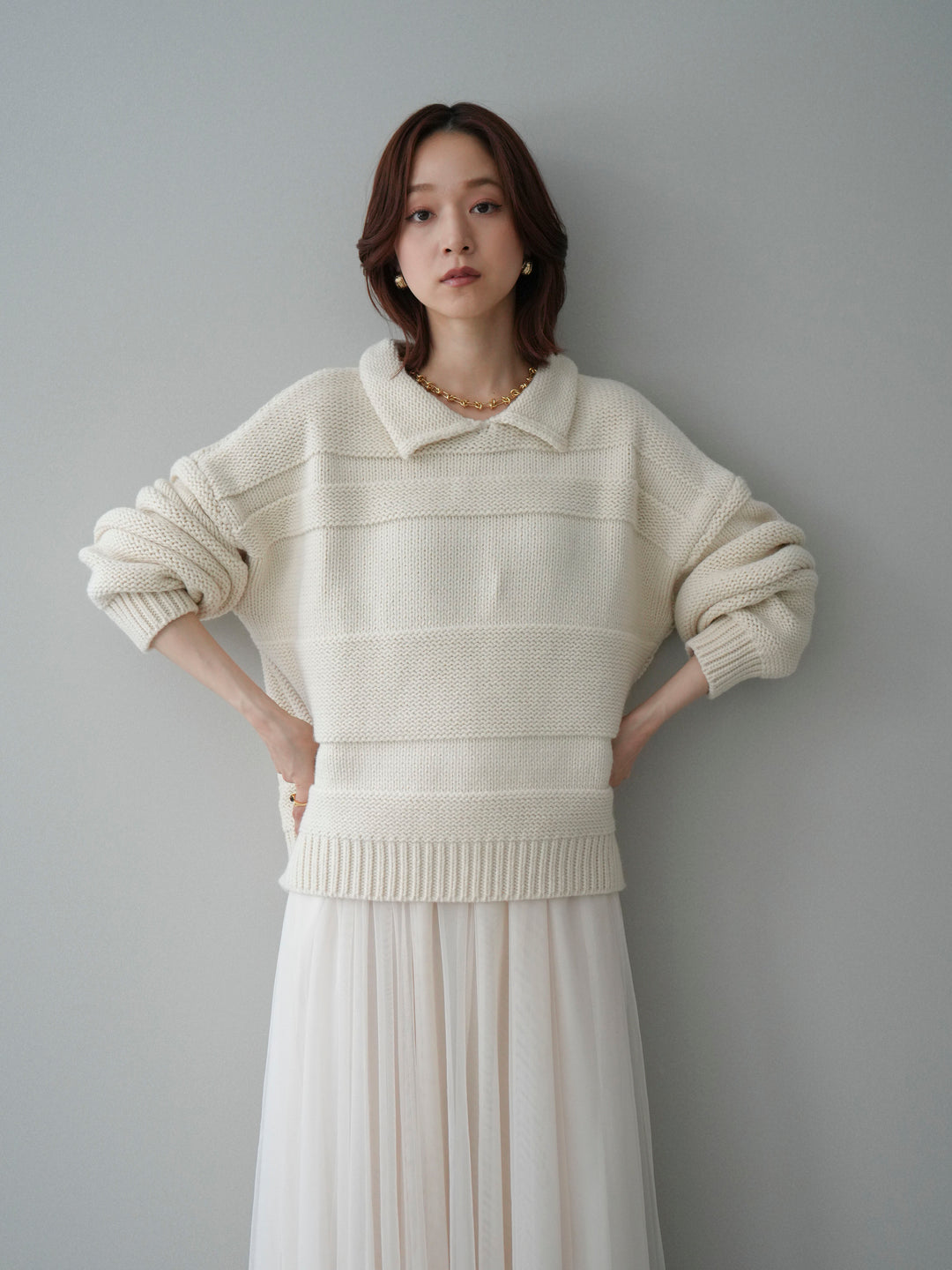 [SET]襟付きボーダー編みニットプルオーバー+チュールボリュームスカート(2set)