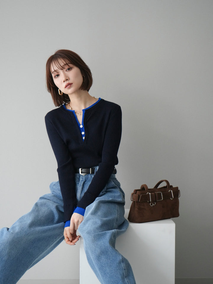 [SET]バイカラーキーネックリブニットトップス+ハイウエストベルトループデザインデニムパンツ(2set)