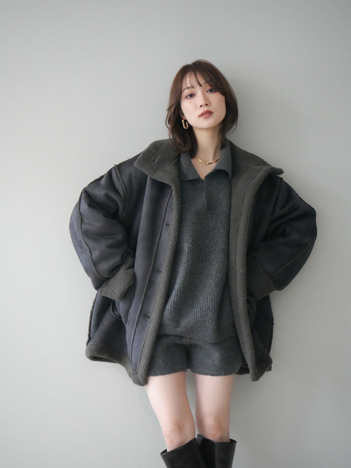 [SET]ポロニットプルオーバー＆ショートパンツSET UP+スタンドネックフェイクムートンミディアムコート(2set)