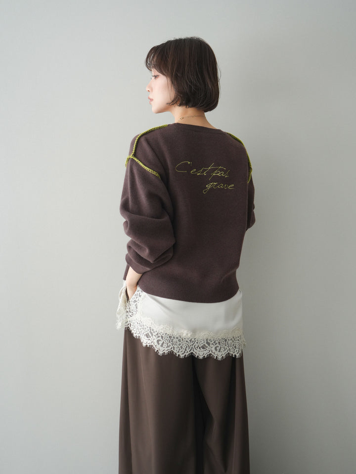 [予約]バックロゴ刺繍配色ステッチニットプルオーバー/brown