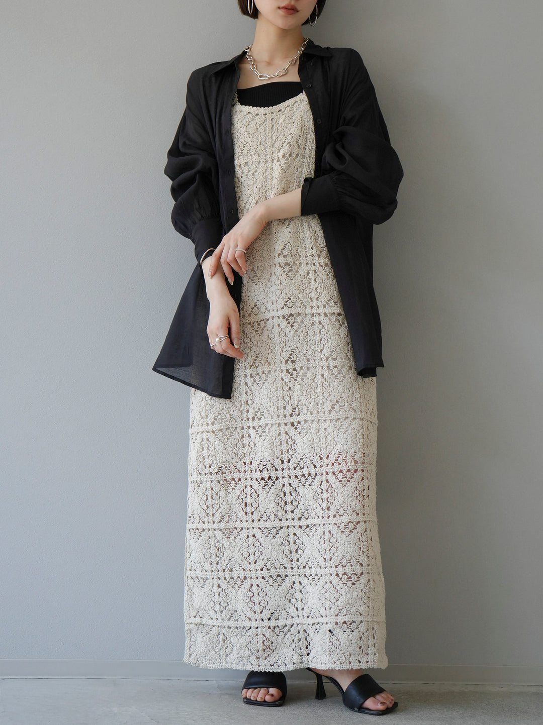 [予約]ボリュームスリーブシアーオーバーシャツ/ブラック