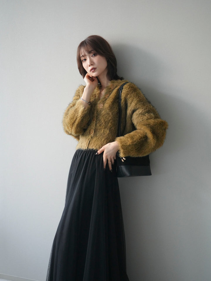 [予約]ミックスシャギーショートニットカーディガン/green