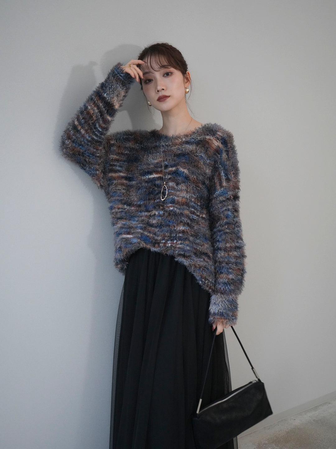 [予約]ミックスシャギールーズニットプルオーバー/blue