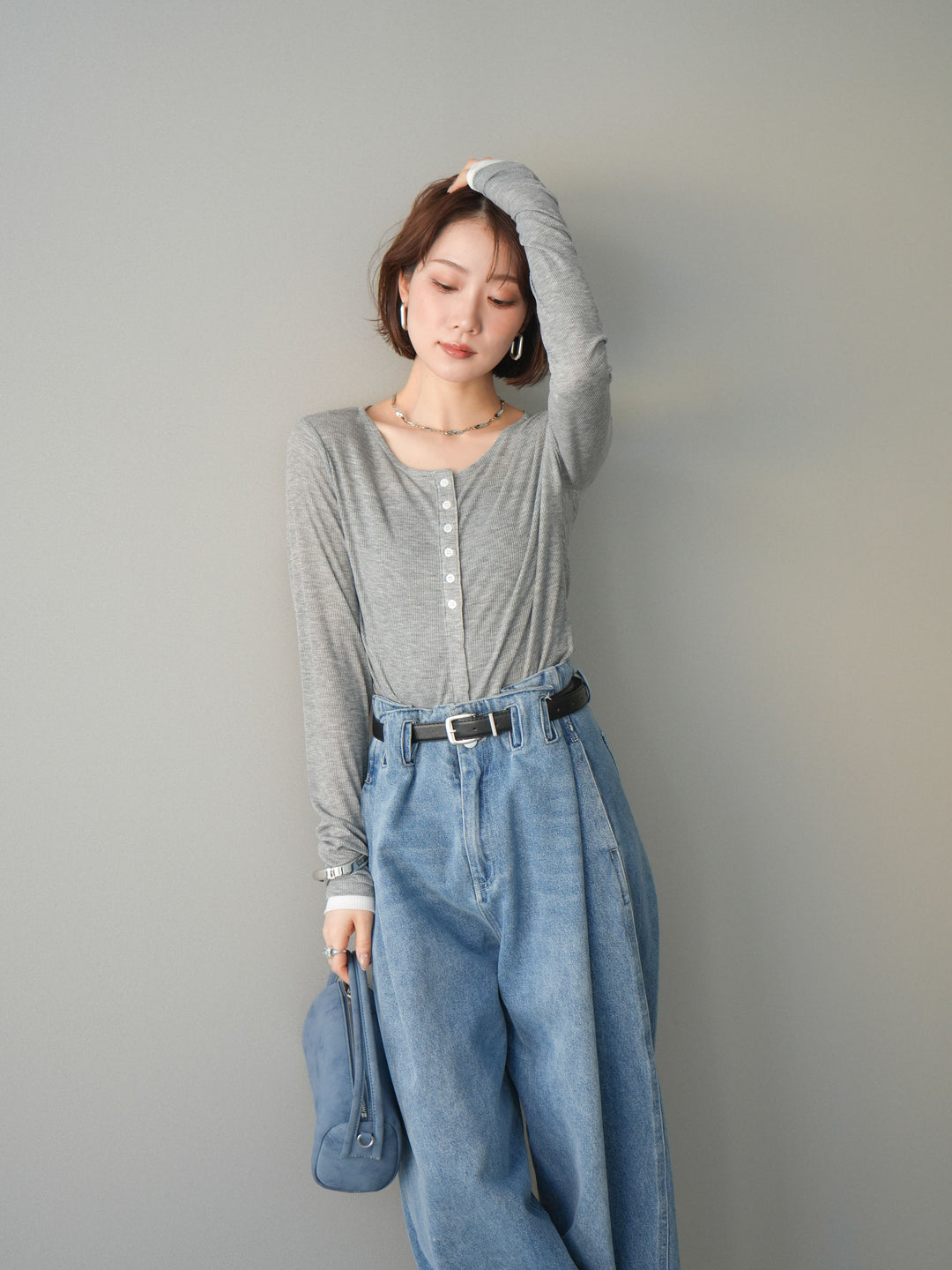 [予約]シアーリブバイカラーカーディガン/gray