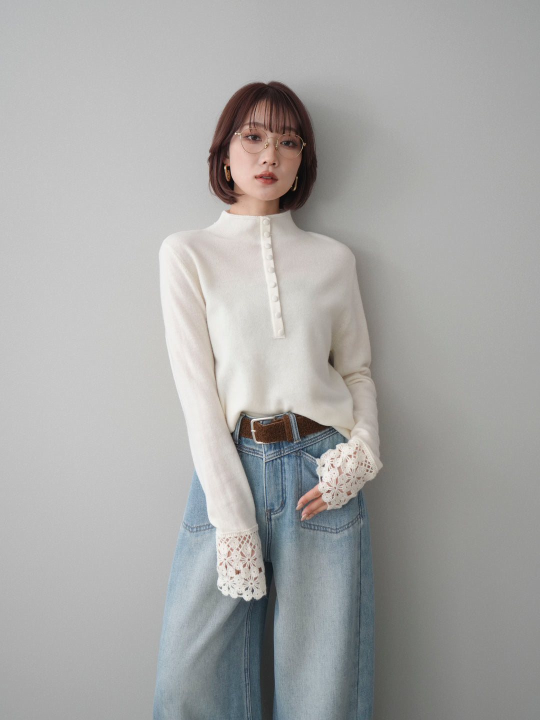 [SET]袖スカラップレースフロントボタンウールニットトップス+袖スカラップレースフロントボタンウールニットトップス(2set)