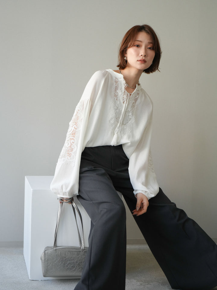 [予約]レーススリーブスキッパーブラウス/white