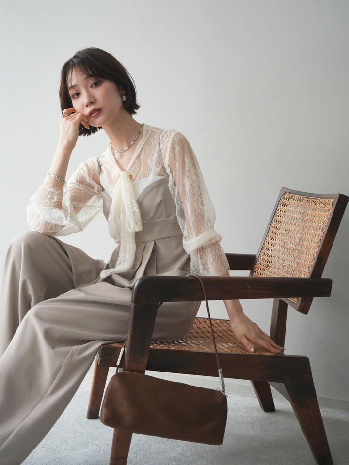 [SET]バックデザインサロペット+リバーレースボウタイトップス(2set)