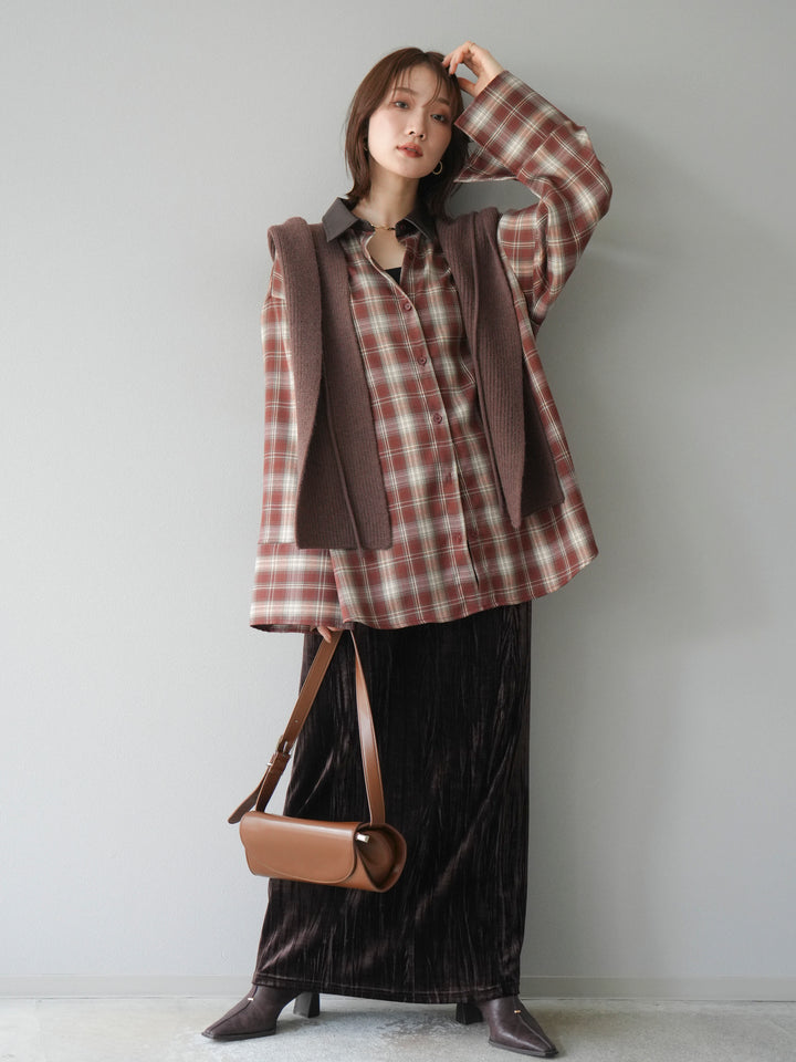 [SET]レザー襟オンブレチェックオーバーシャツ +クラッシュベロアナロースカート(2set)