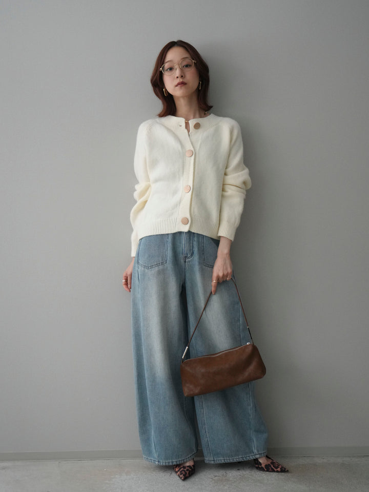 [SET]BIGボタンニットカーディガン+ベルト付裏起毛カーブデニムパンツ(2set)