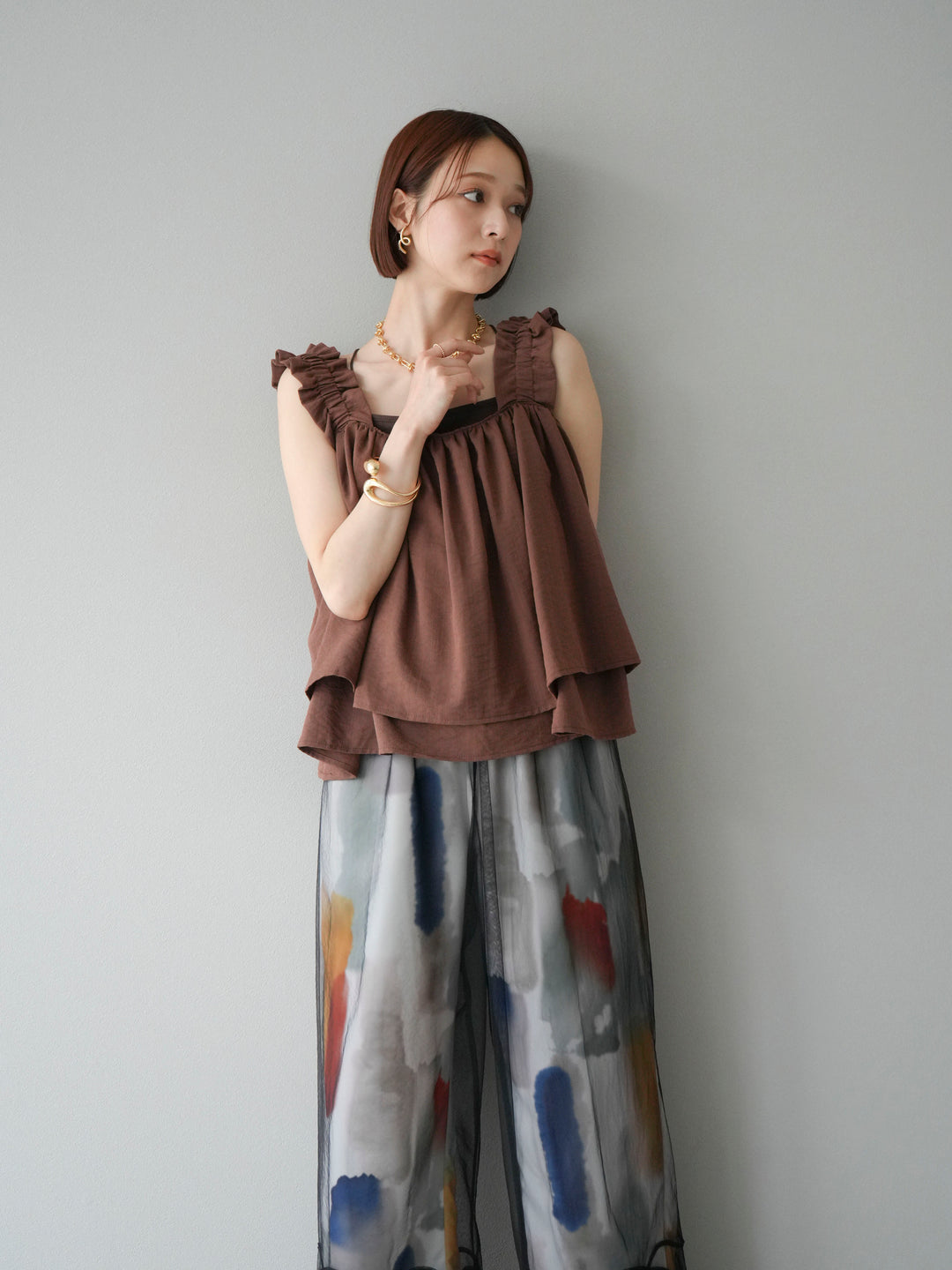 [SET] 縮肩喇叭背心 + 水彩藝術休閒褲 (2 件組)