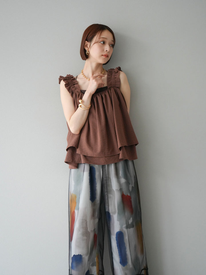 [SET] 縮肩喇叭背心 + 水彩藝術休閒褲 (2 件組)