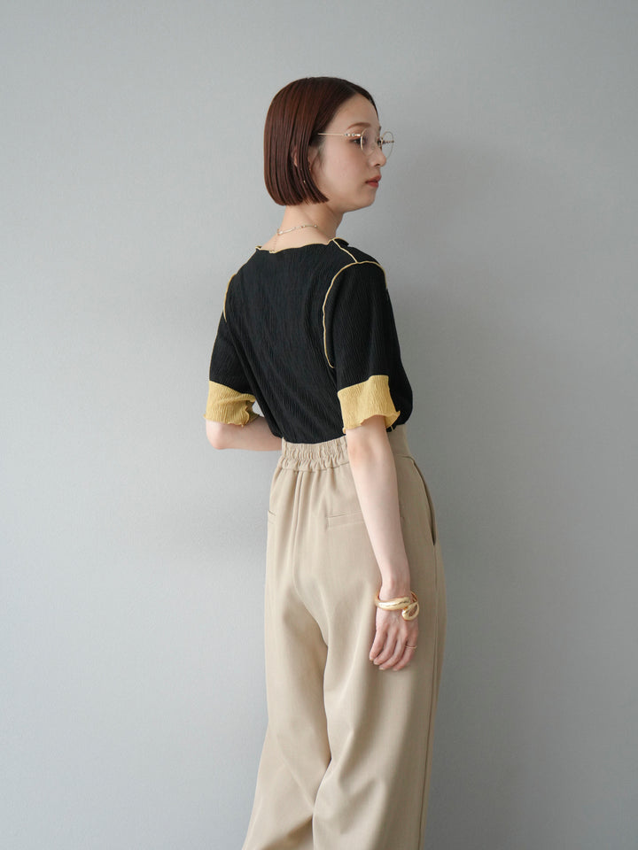 [SET] 百褶同色船領套頭衫 + 拉鍊褶襉寬褲 (2 套)