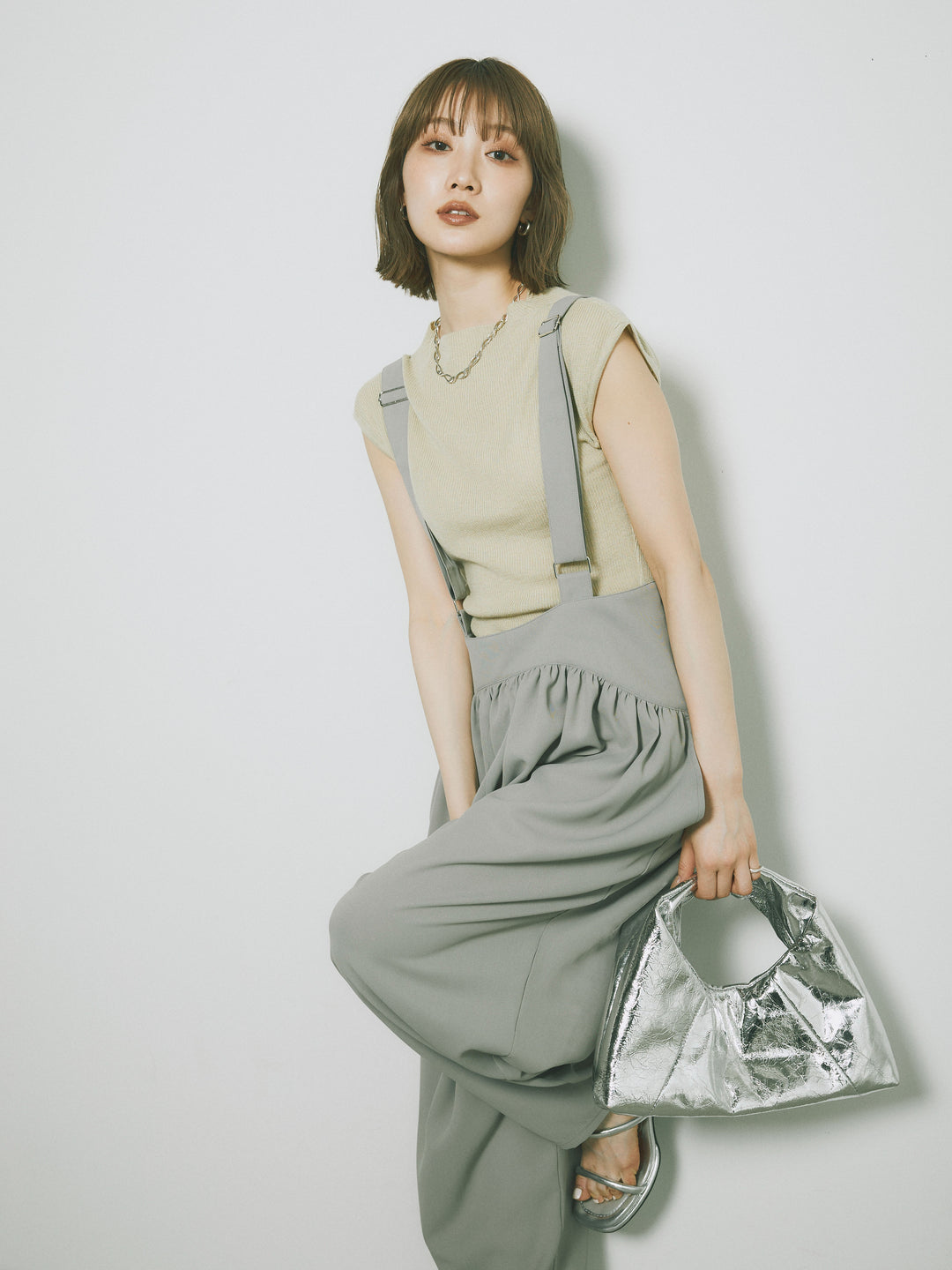 [予約]プチネックノースリーブリブニットトップス/ピスタチオ