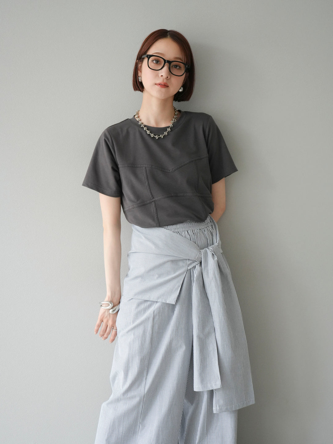 [SET]ビスチェデザインTシャツ+ウエスト巻きストライプイージーパンツ(2set)