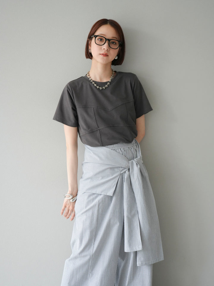 [SET]ビスチェデザインTシャツ+ウエスト巻きストライプイージーパンツ(2set)