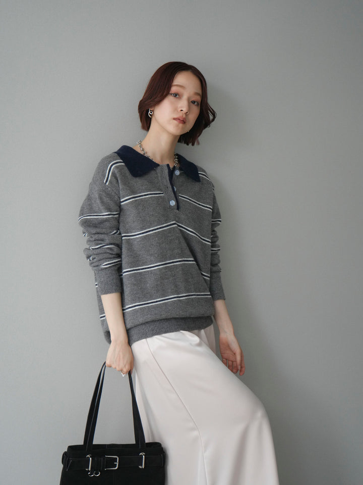[予約]バイカラーボーダーポロニットプルオーバー/gray