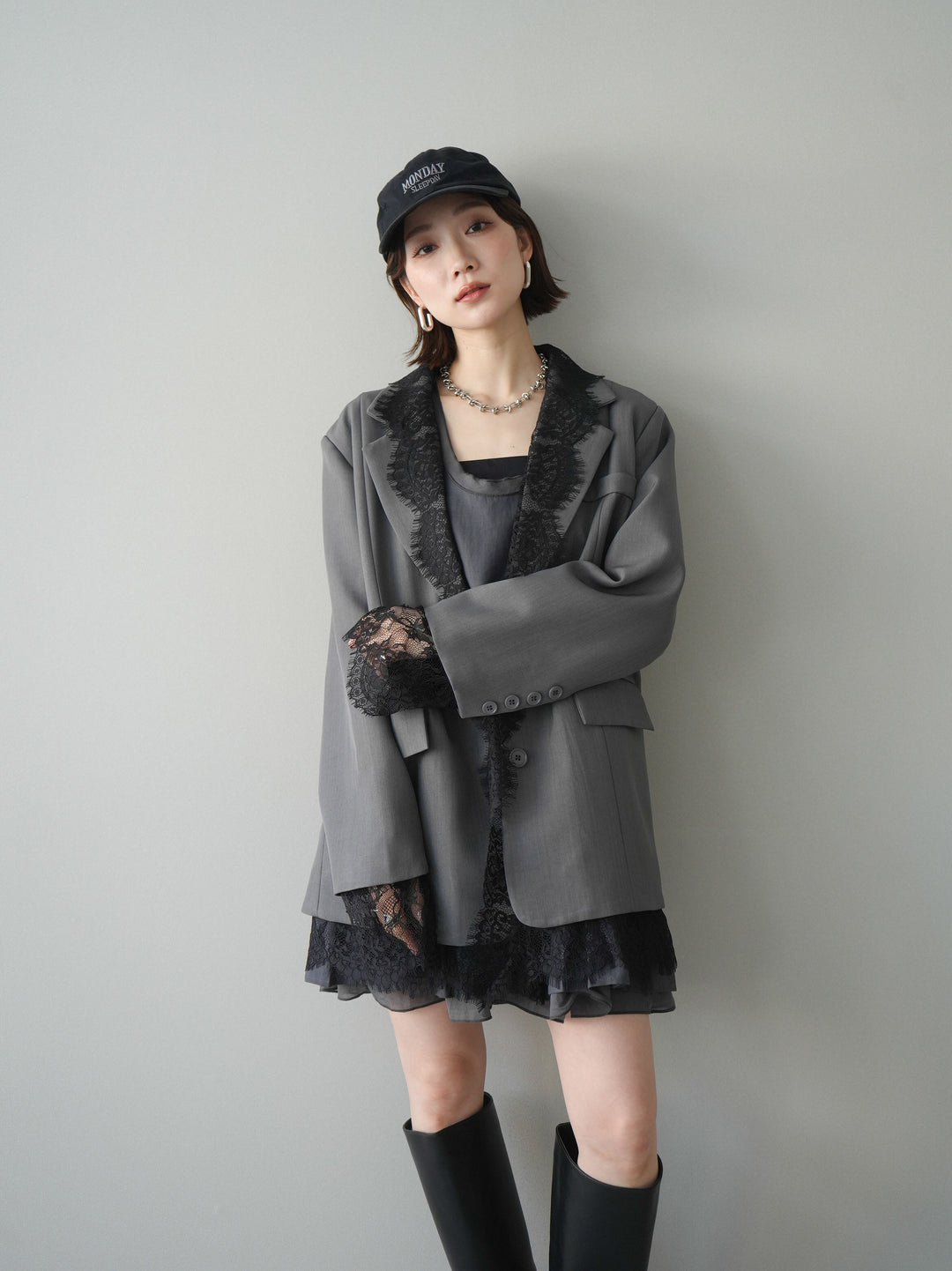 [予約]チュールドッキング裾プリーツミニワンピース/charcoal