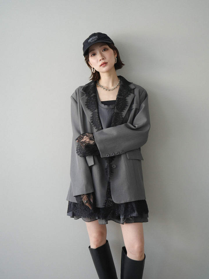 [予約]チュールドッキング裾プリーツミニワンピース/charcoal