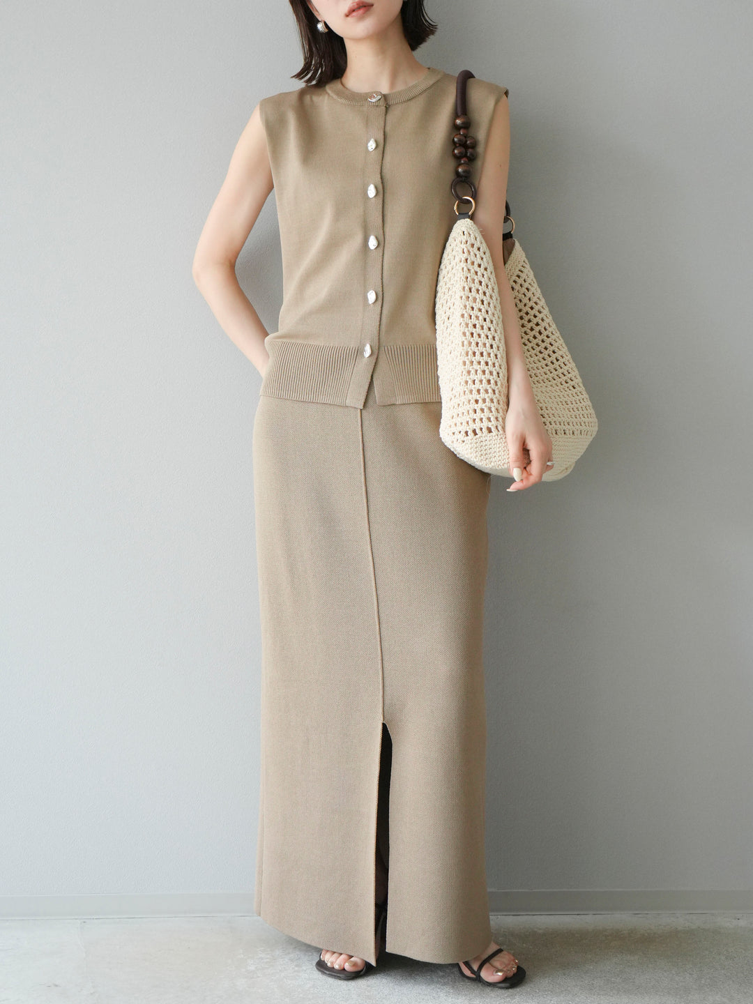 [予約]レーヨンポリIラインニットスカート/ベージュ