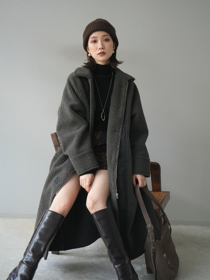 [予約]ボアxムートンロングコート/charcoal