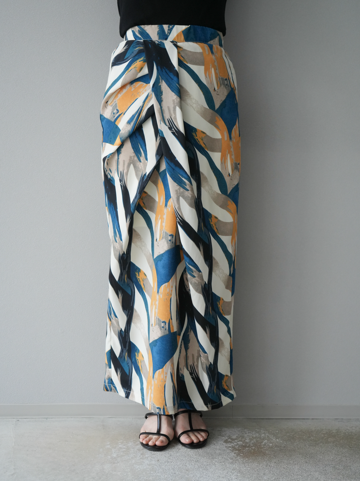 [預購] 度假風印花褶襉I字裙/藍色