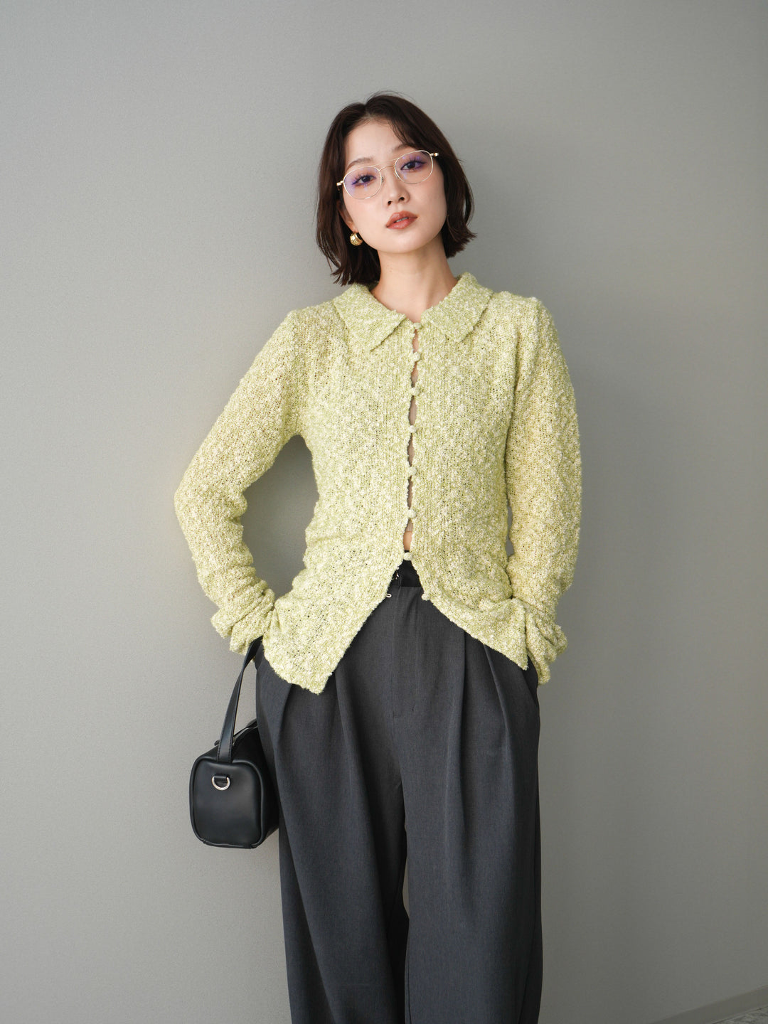 [SET]透かし編みブークレポロニットトップス+透かし編みブークレポロニットトップス(2set)