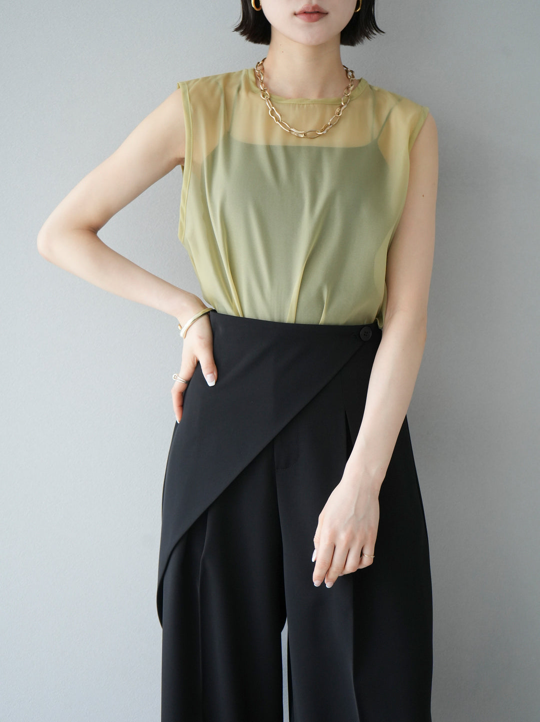 [SET] Organza sleeveless top + wrap wide pants (2set)