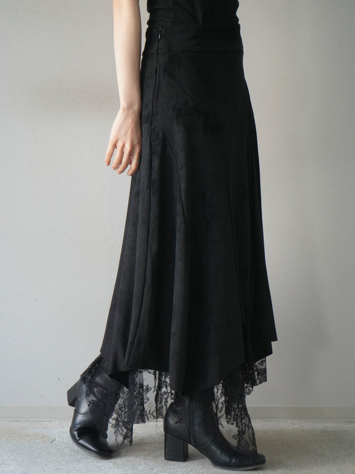 [予約]スエード裾レースアシンメトリースカート/black