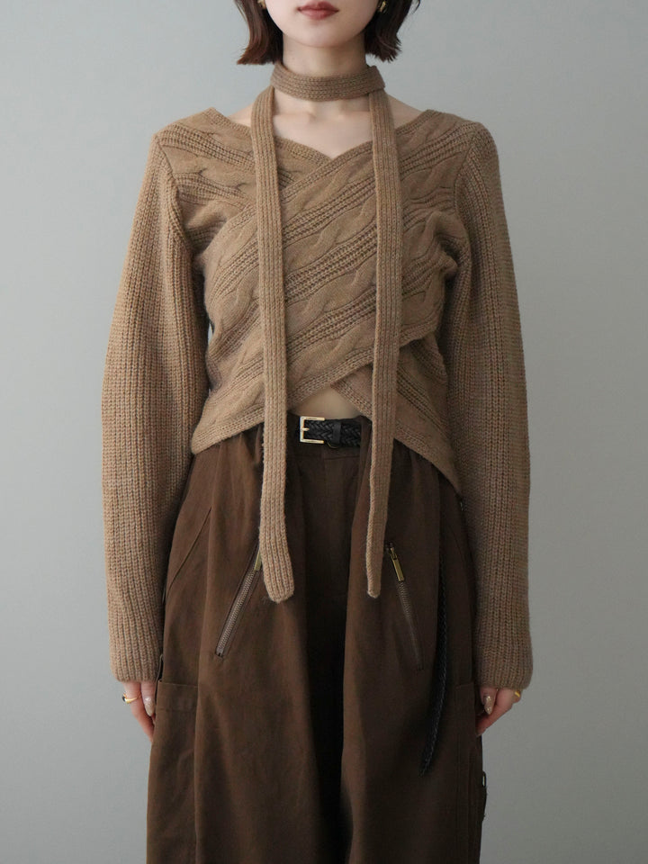 [予約]ケーブル編みクロスニットトップス/camel