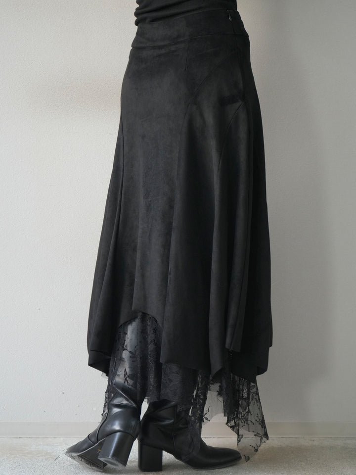 [予約]スエード裾レースアシンメトリースカート/black