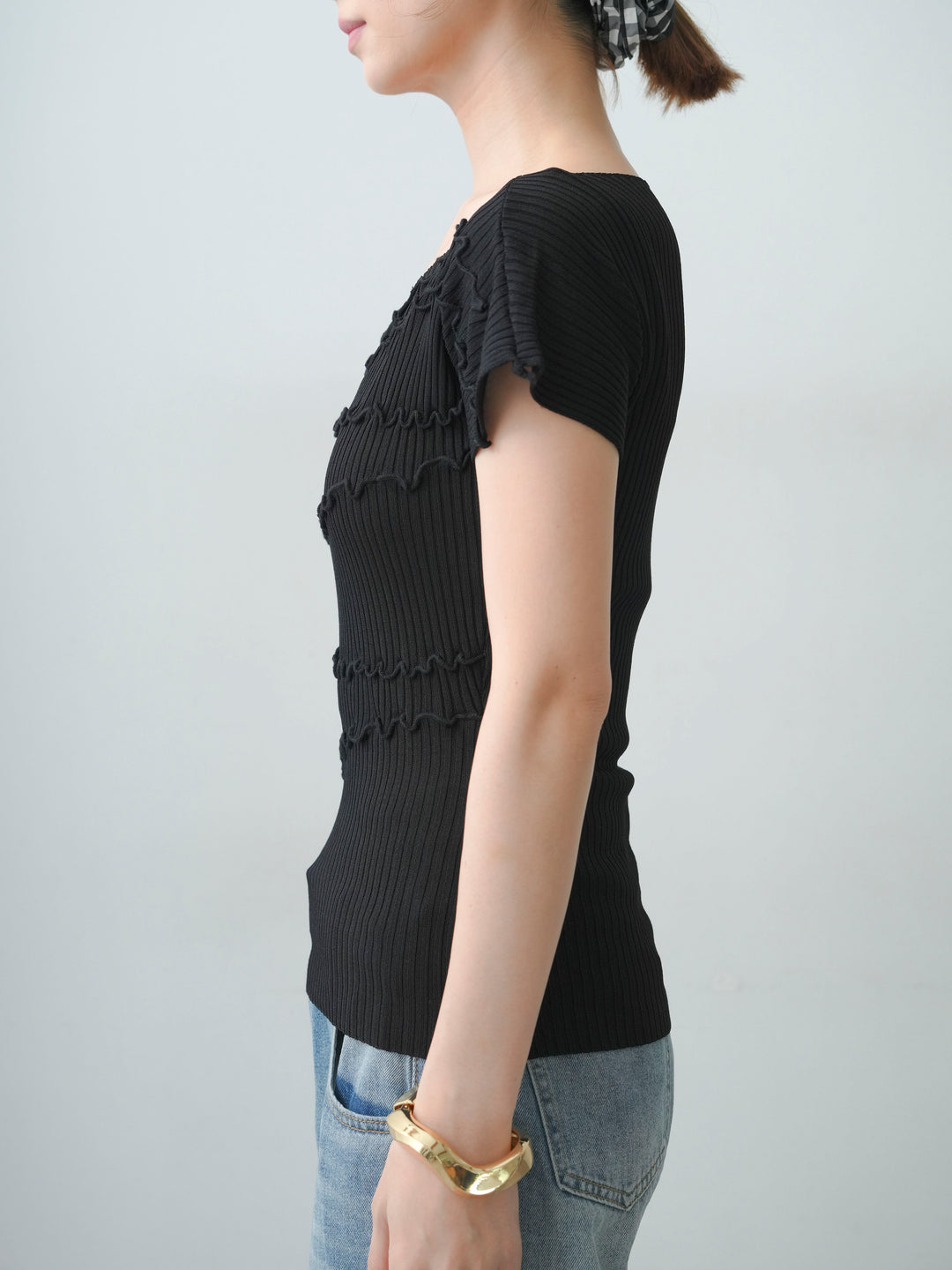 [予約]ランダムメローリブニットトップス/black
