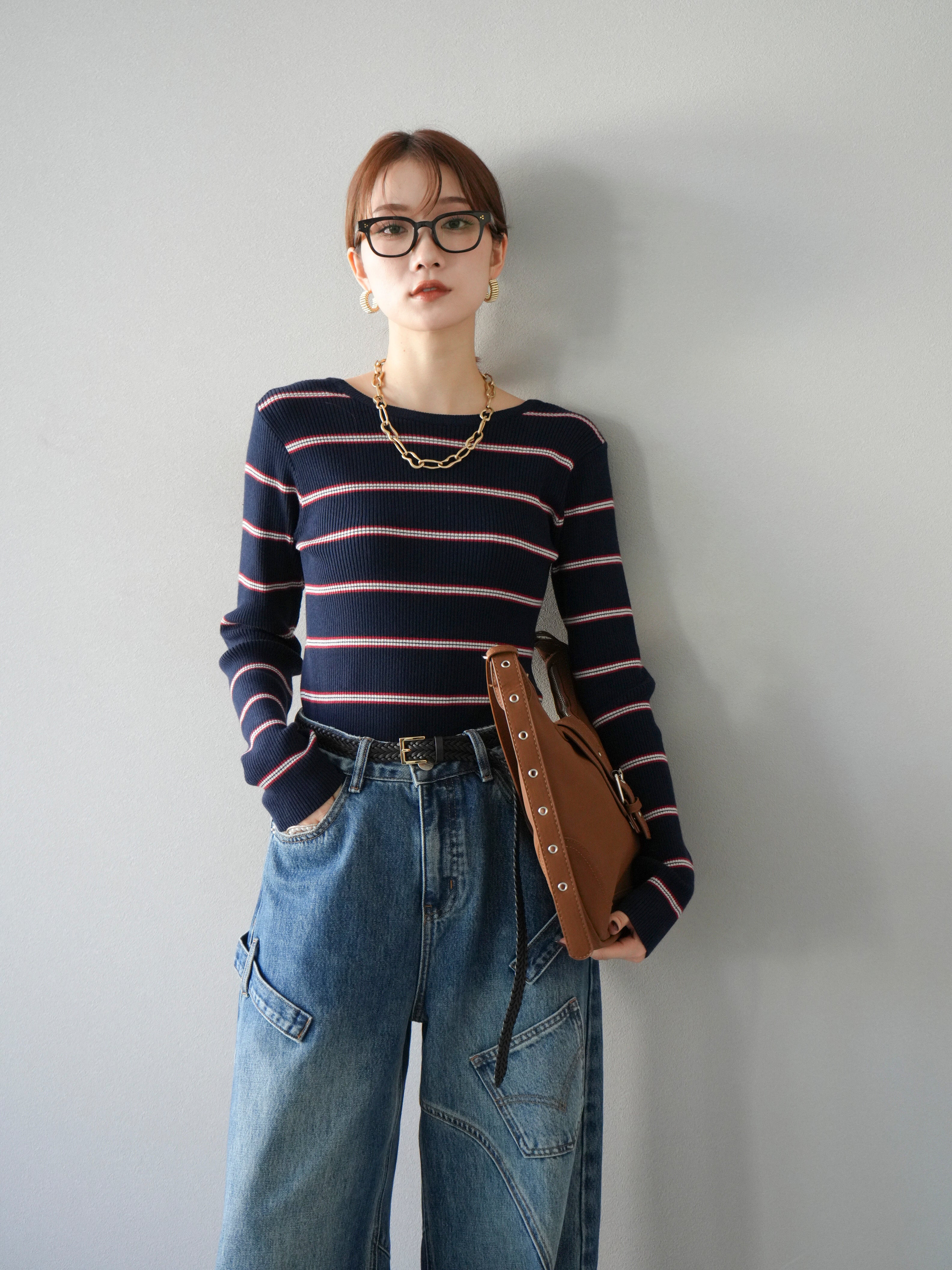 Lumier ペインターカーブデニムパンツ SET]バックオープンボーダーテレコリブトップス+ペインターカーブ