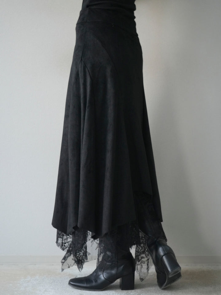 [予約]スエード裾レースアシンメトリースカート/black