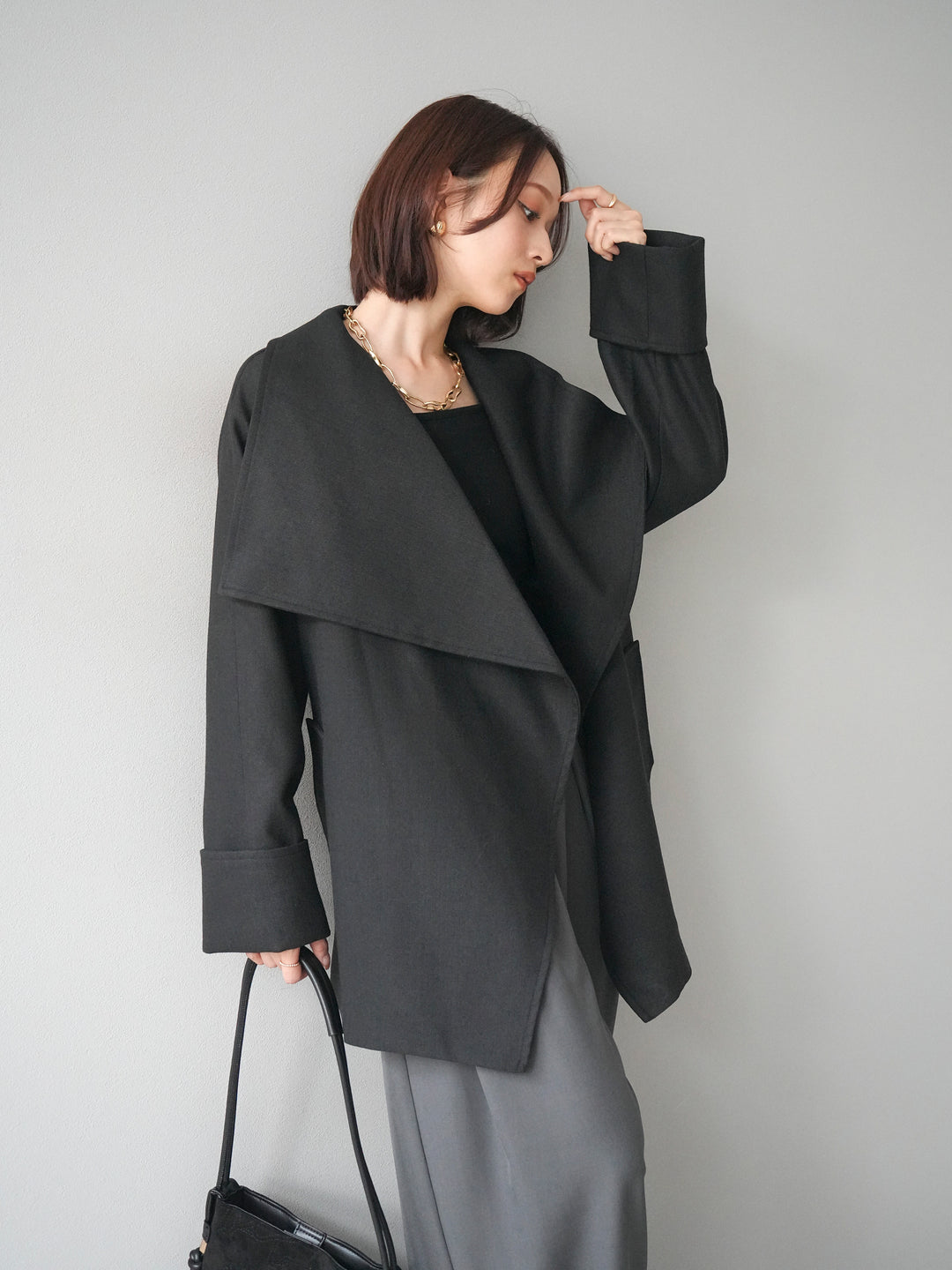 [予約]ビックカラーショートガウンコート/black