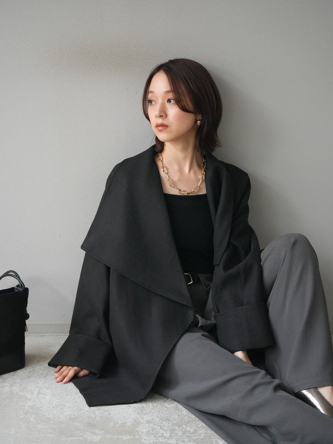 [予約]ビックカラーショートガウンコート/black