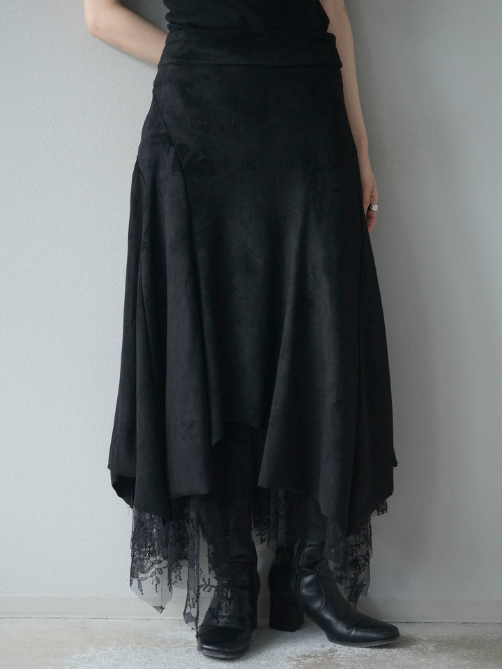 [予約]スエード裾レースアシンメトリースカート/black