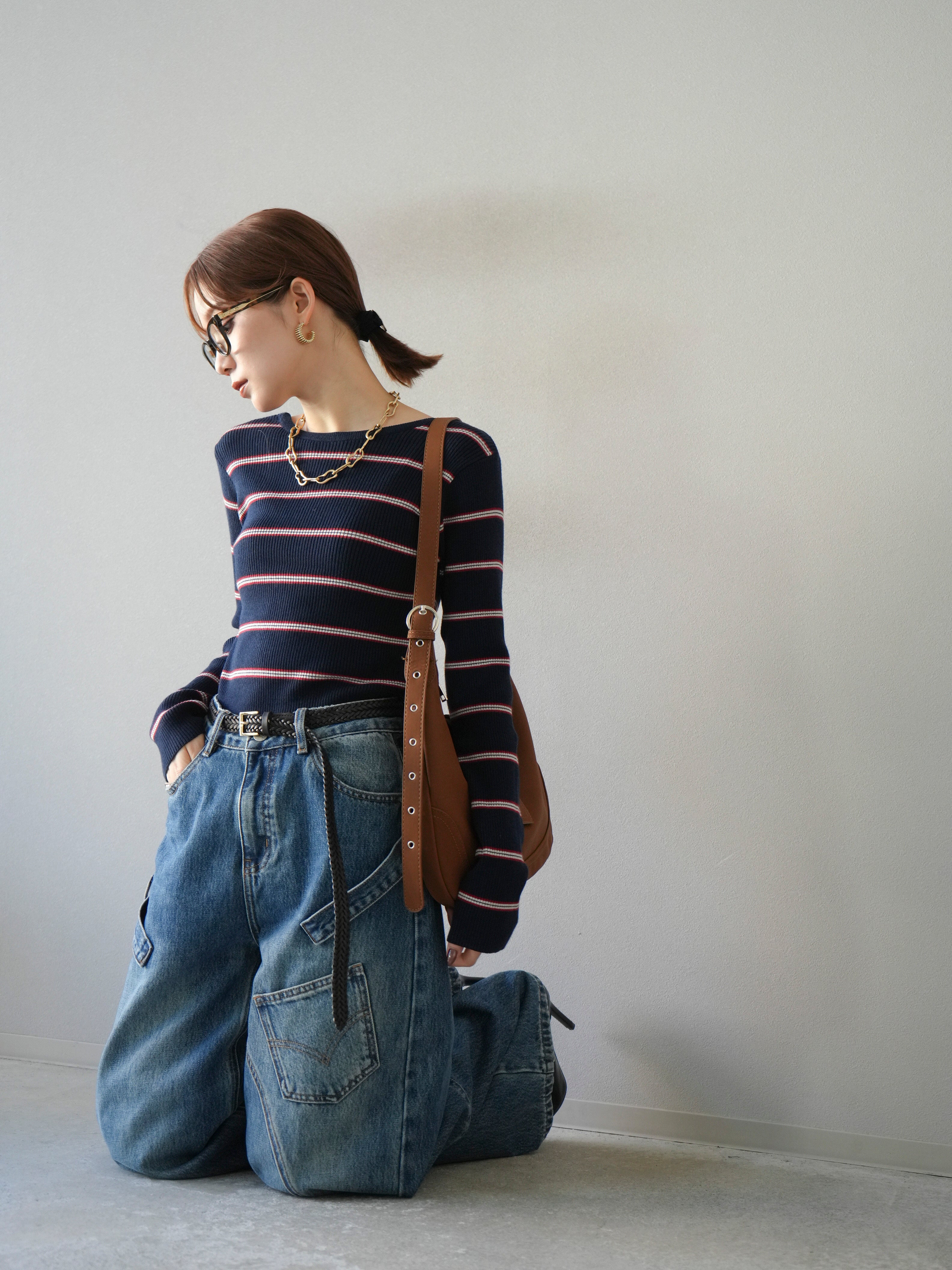 SET]バックオープンボーダーテレコリブトップス+ペインターカーブ