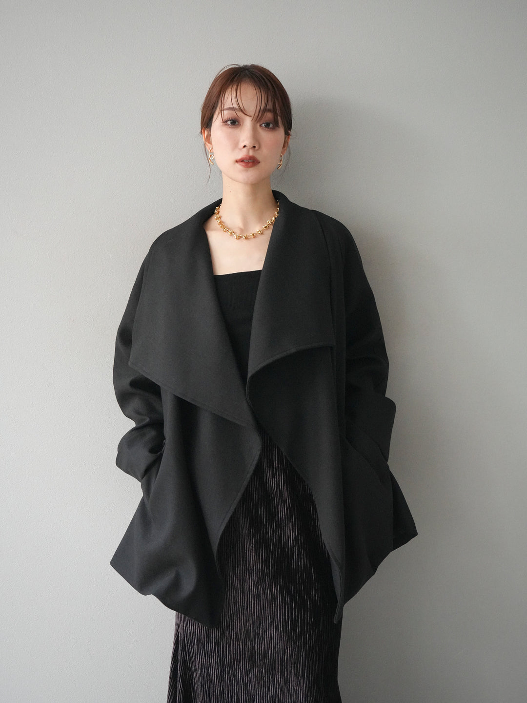 [予約]ビックカラーショートガウンコート/black