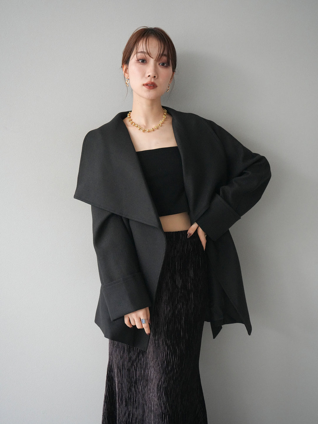 [予約]ビックカラーショートガウンコート/black