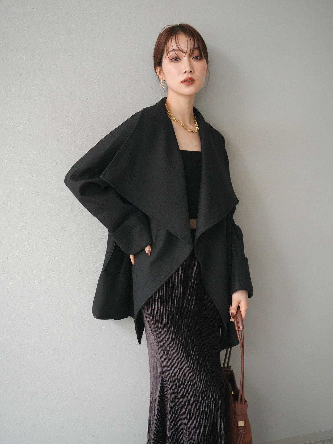 [予約]ビックカラーショートガウンコート/black