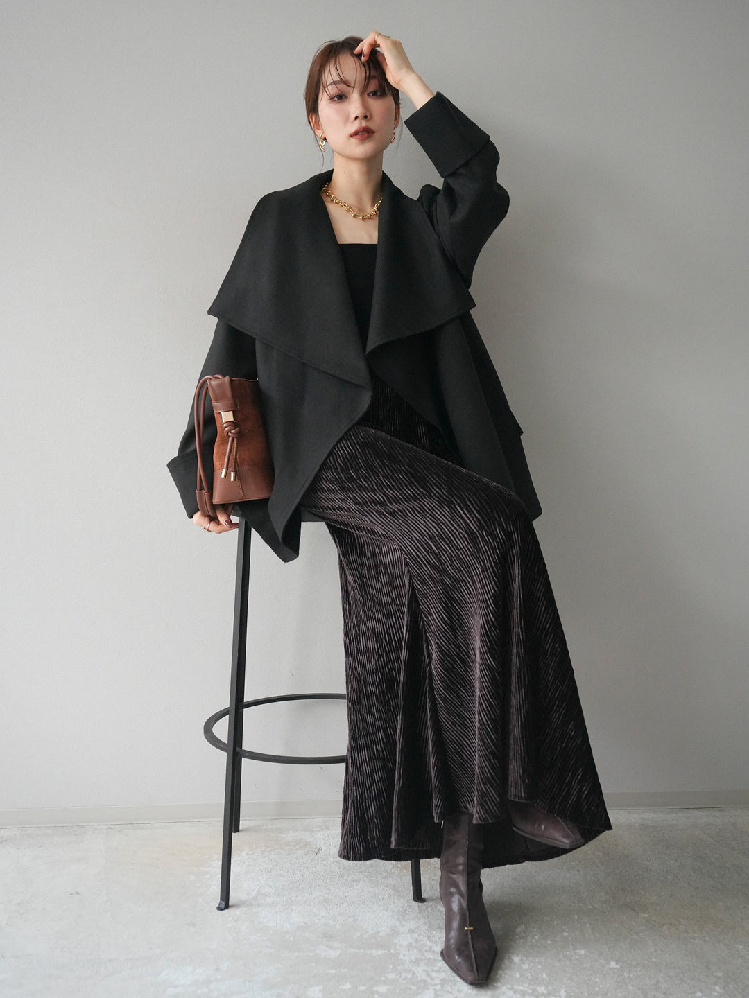 [予約]ビックカラーショートガウンコート/black