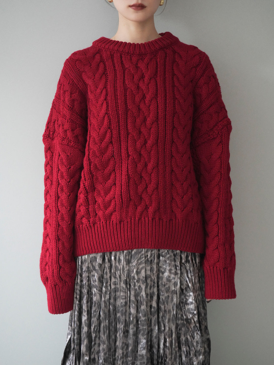 [予約]ボリュームケーブルニットプルオーバー/red