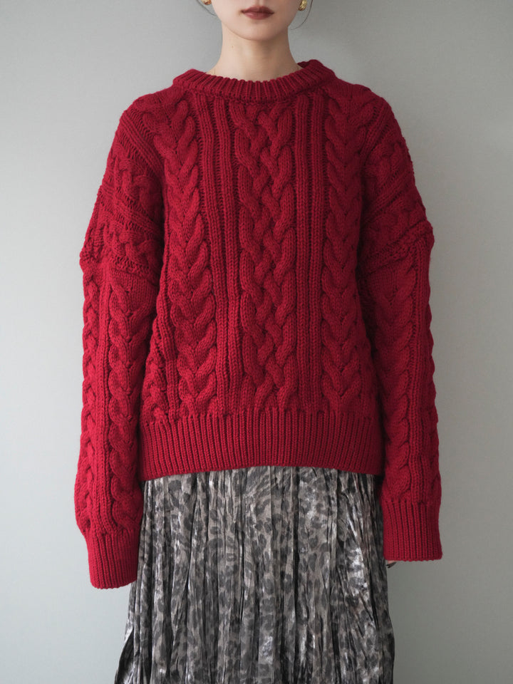 [予約]ボリュームケーブルニットプルオーバー/red