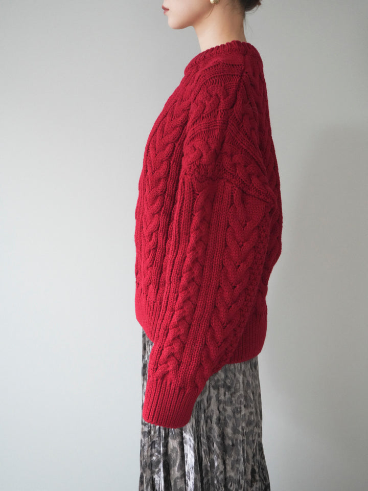 [予約]ボリュームケーブルニットプルオーバー/red