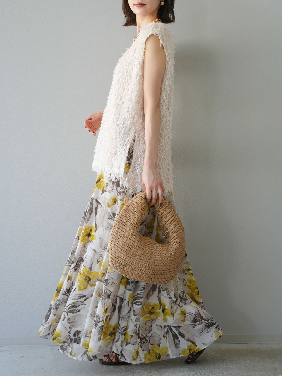[予約]フラワープリントボリュームフレアスカート/イエロー
