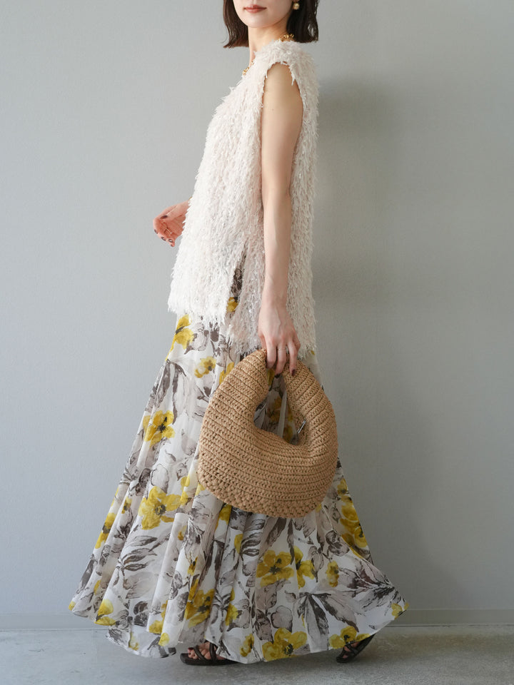 [予約]フラワープリントボリュームフレアスカート/イエロー