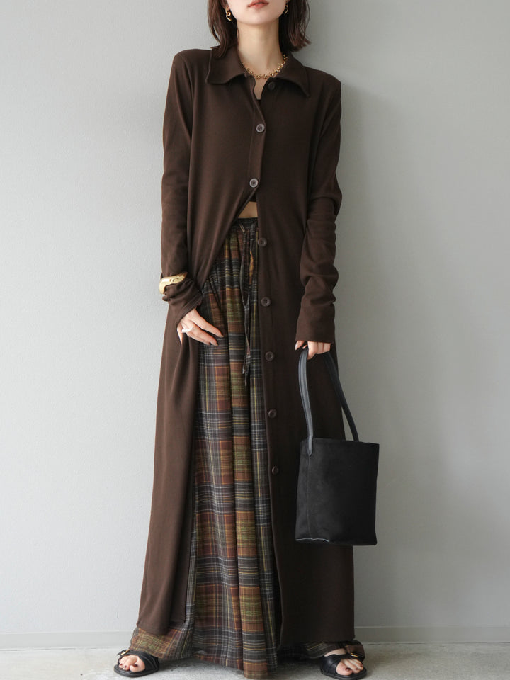 [予約]襟付きカットリブボタンワンピース/ブラウン