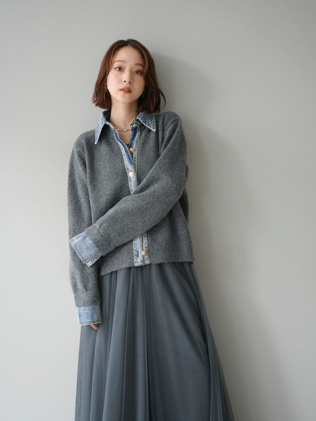 [予約]デニム襟ボタンニットカーディガン/チャコール